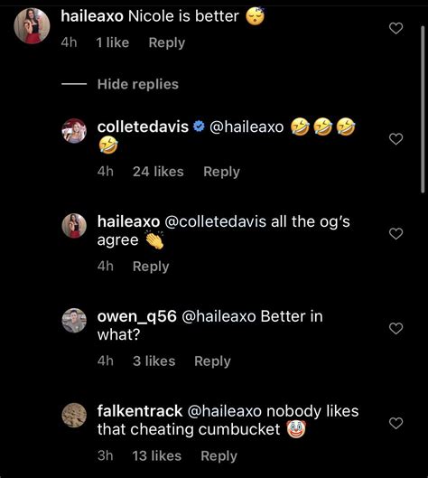 Collete confirming that Nicole cheated on Adam in comments of。